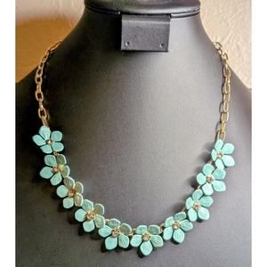Aqua Enamel Rhinestone Center Flowers Paper Clip Chain Statement Necklace